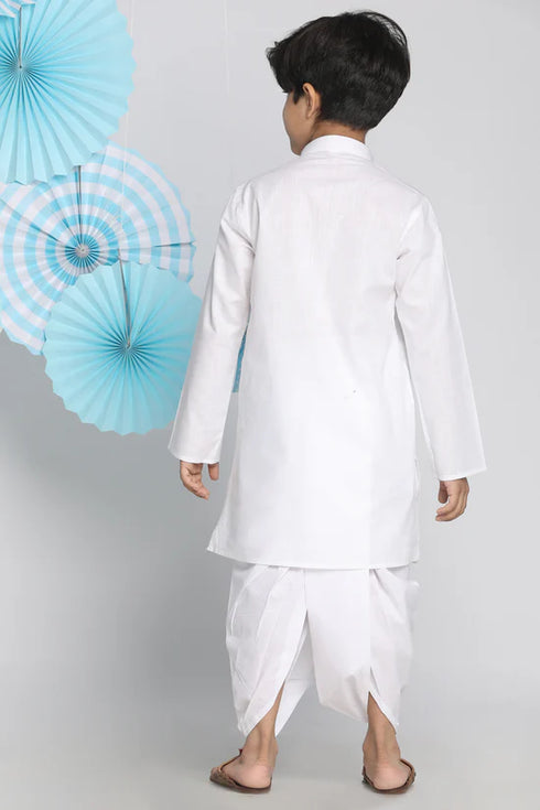 VASTRAMAY White Cotton Baap Beta Kurta Dhoti Set